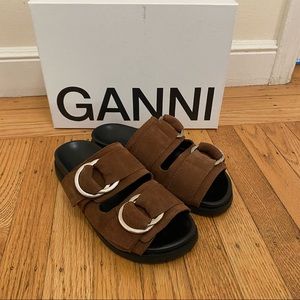 Ganni Brown Leather Suede Double Strap Buckle Slides